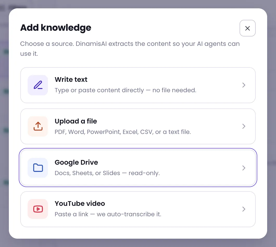 The Add knowledge dialog with the source options, Google Drive highlighted