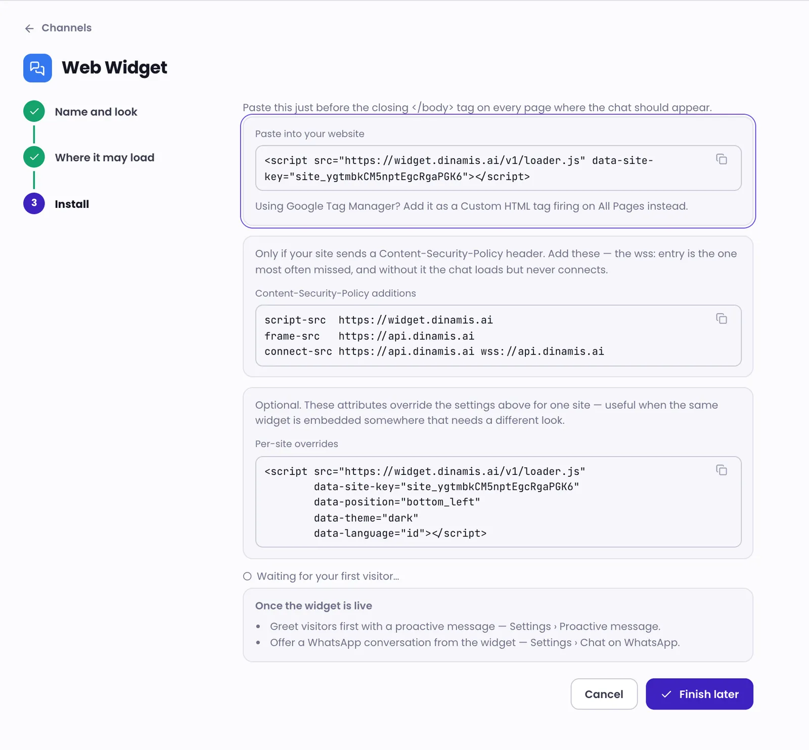 The Live Chat install step with the code to paste into your website