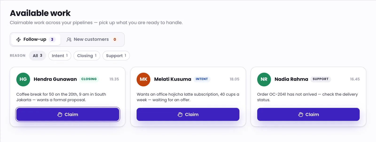 Work cards in Available work, each with a reason, a summary and a Claim button