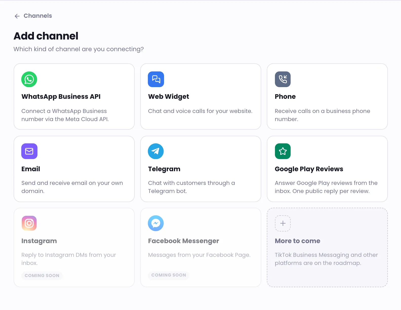 The Add channel page with the channel types to choose from