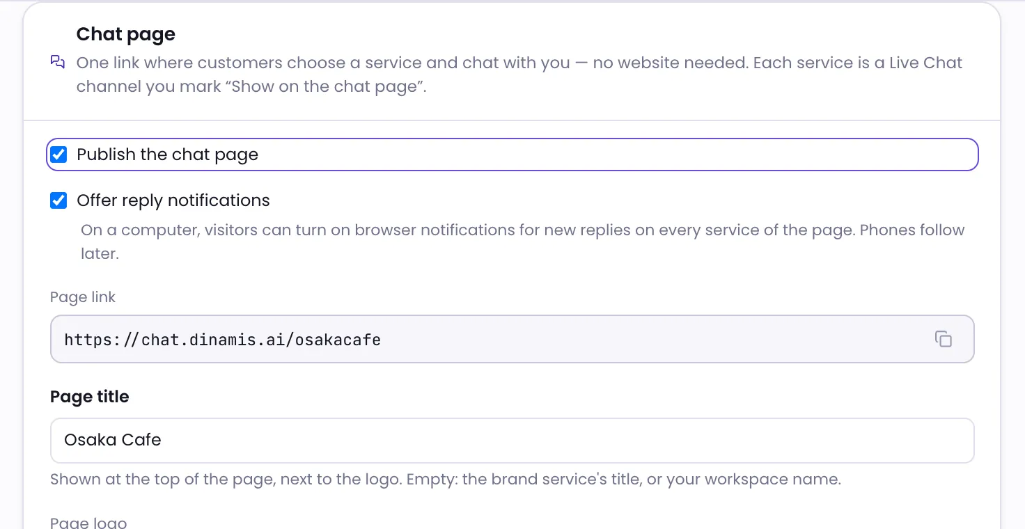The Chat Page card in workspace settings with the publish option highlighted