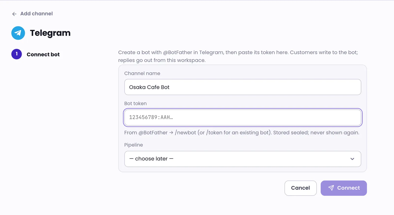 The Telegram form with the channel name, the bot token field highlighted, and the pipeline