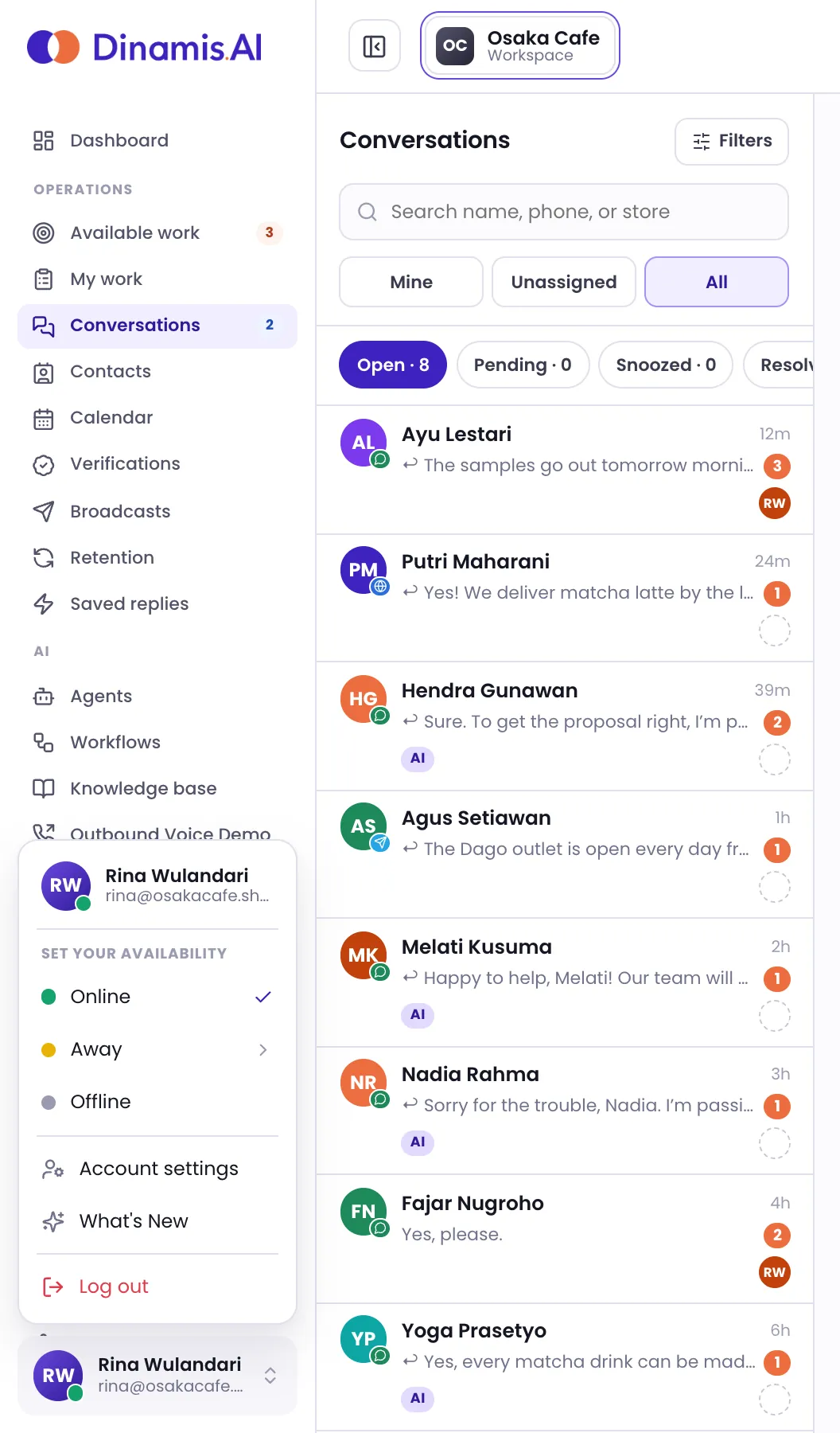 The console sidebar with the account menu open and the workspace switcher at the top