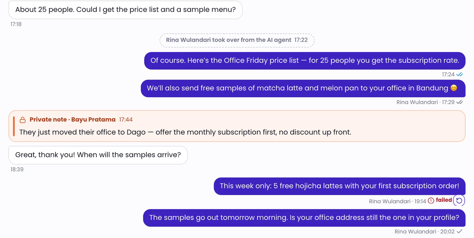 Outgoing messages with sent, delivered and read ticks, and one failed message with a retry button