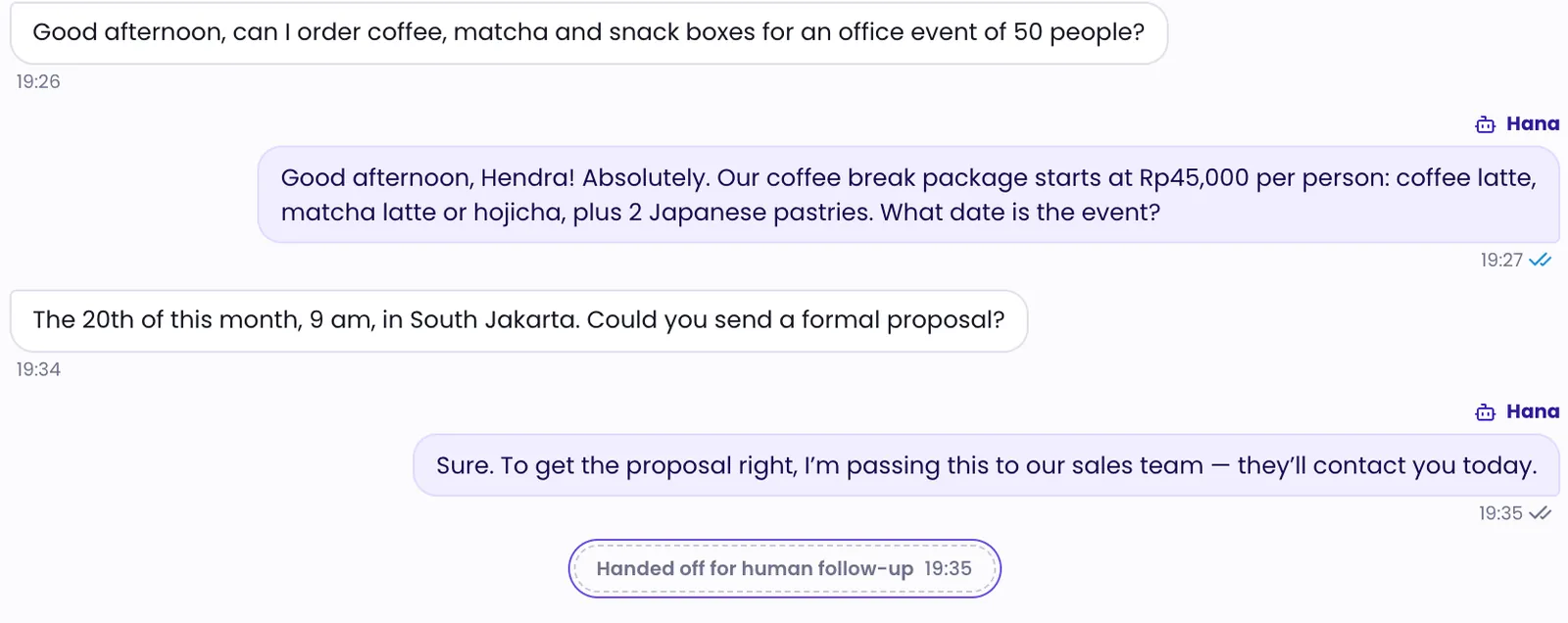 A conversation with the AI agent's replies and the handoff line at the bottom