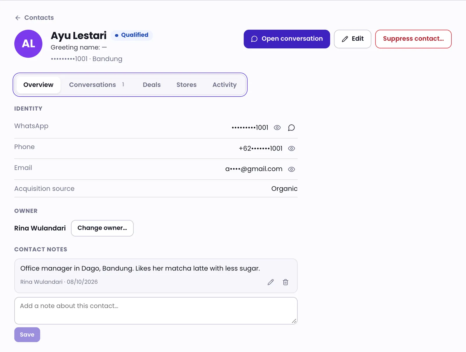 A contact page with the Overview tab, identities, owner and contact notes