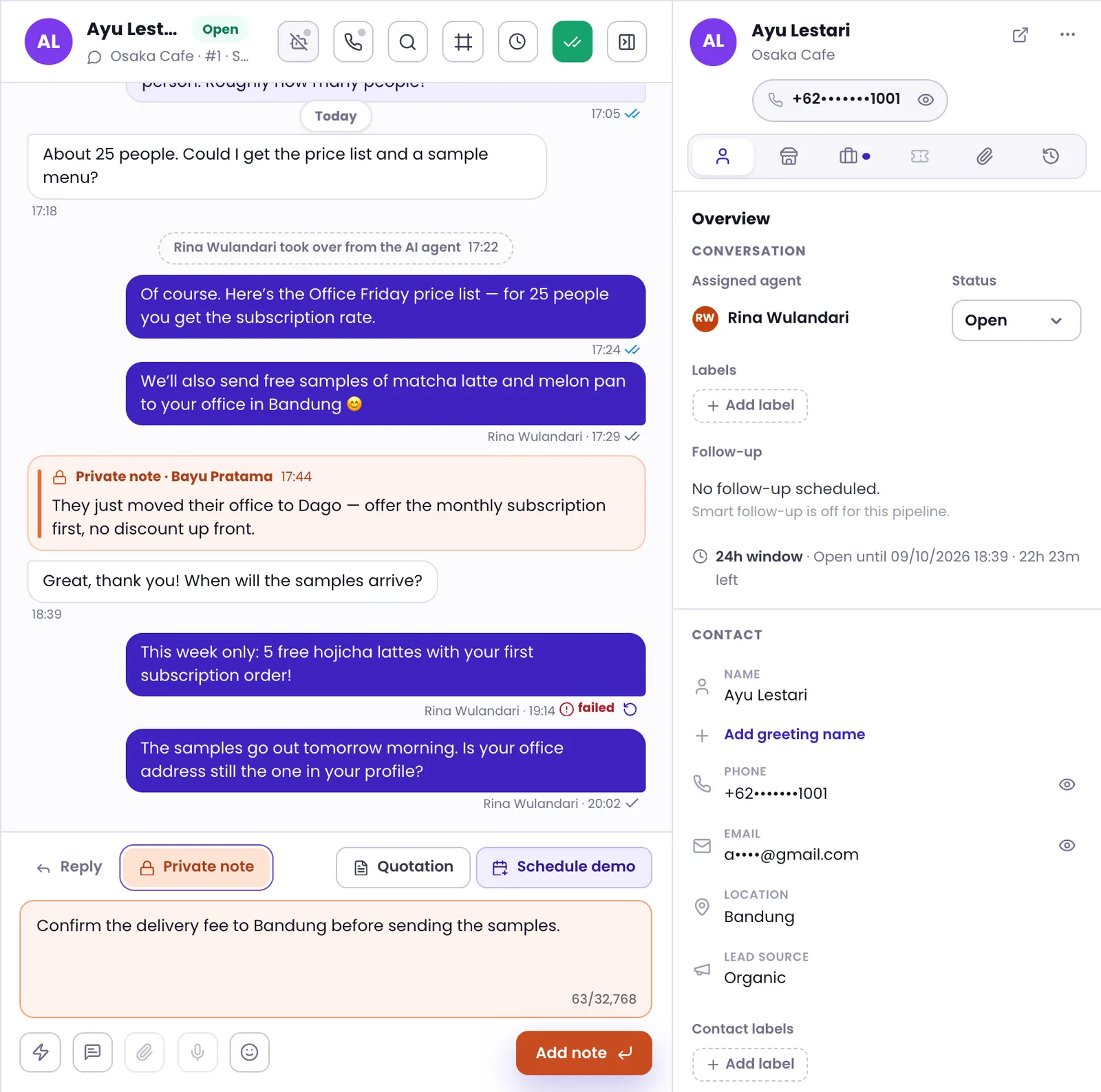 A conversation with an orange private note, the Private note tab in the reply box, and the context panel on the right