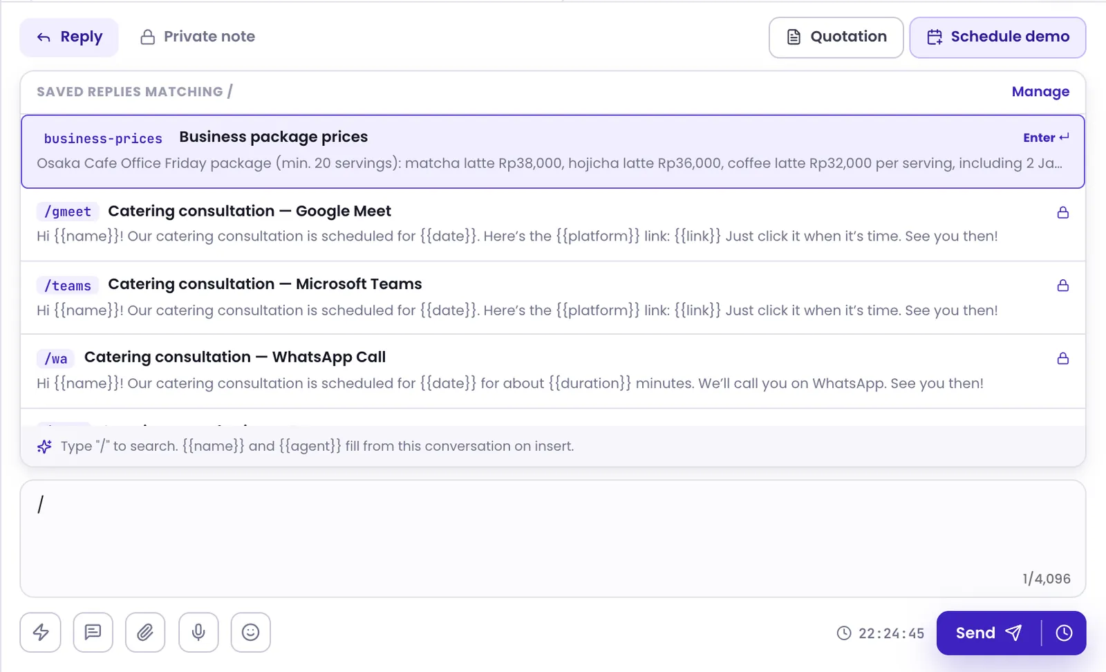 The saved-reply list that appears after typing a slash in the reply box