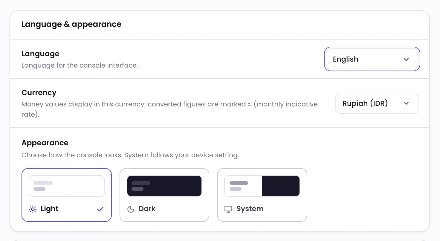 The Language & appearance card in Preferences, with the language picker highlighted
