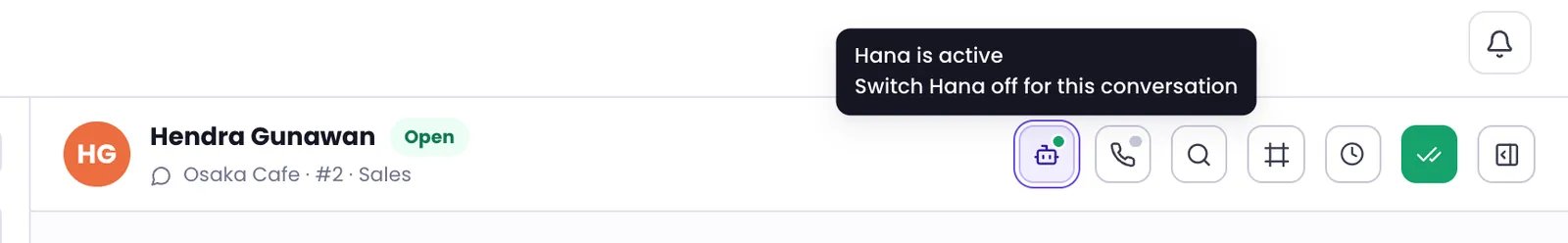 The top of a conversation with the AI button on and its tooltip