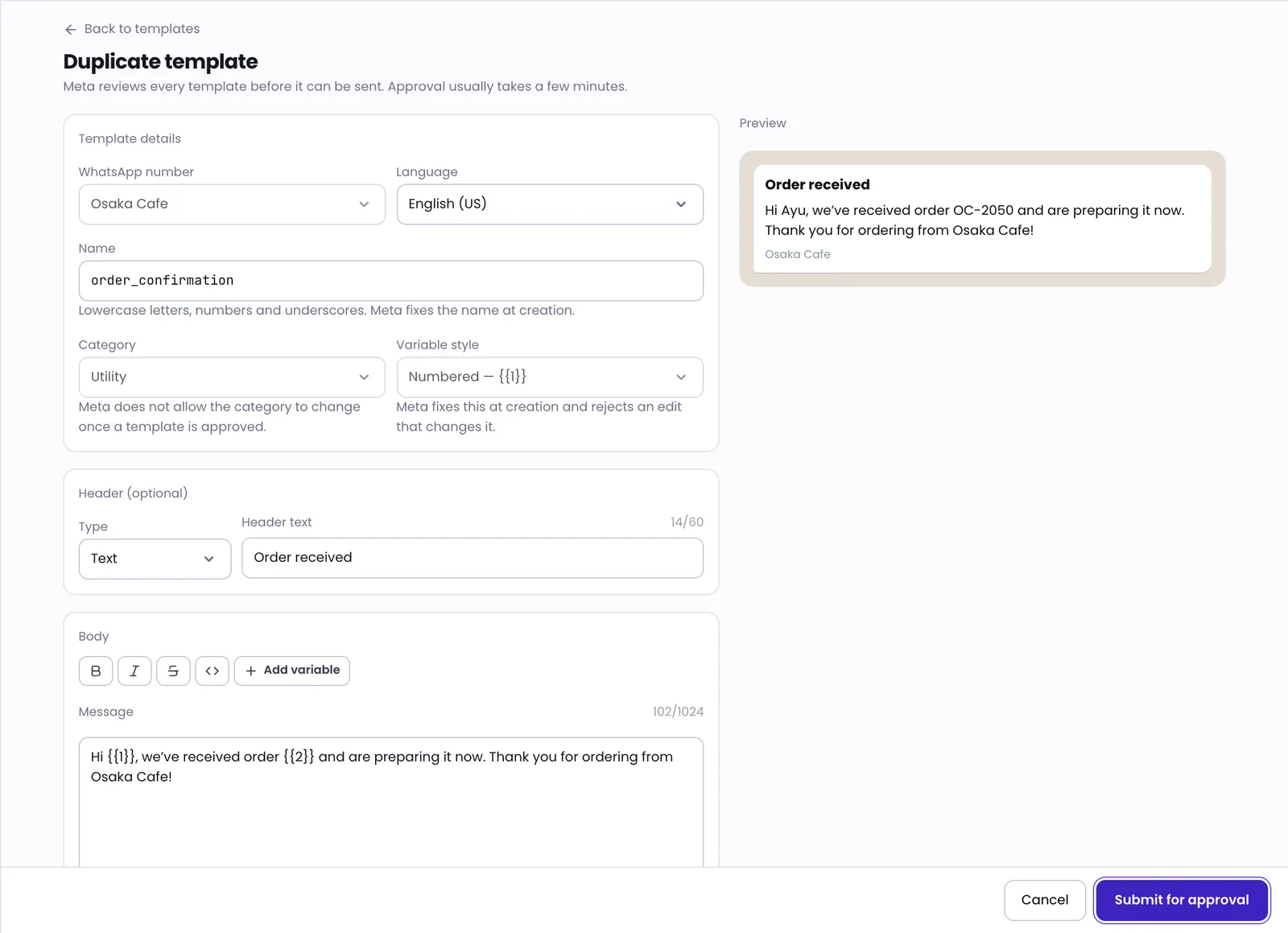 The template editor with the template details, message body and preview, with the submit button highlighted