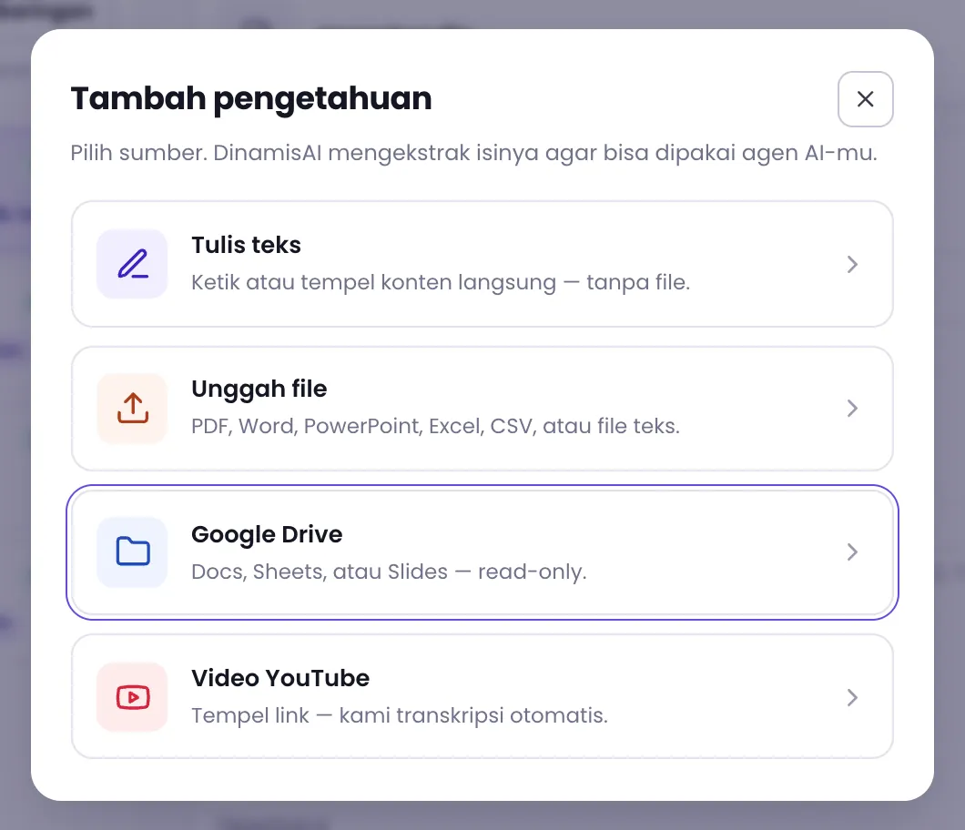 Dialog Tambah pengetahuan dengan pilihan sumber, Google Drive disorot