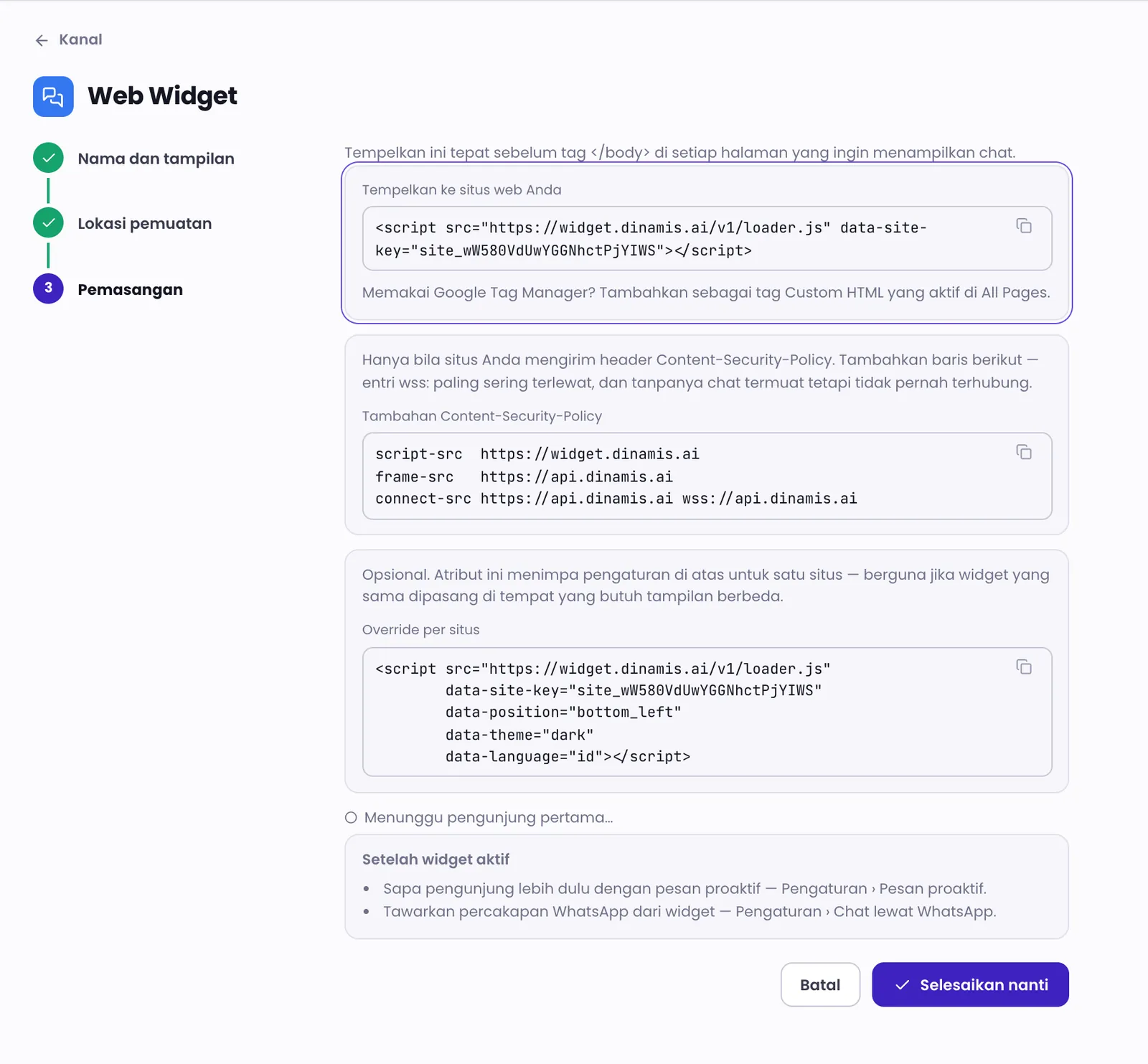 Langkah pemasangan Live Chat dengan kode yang perlu ditempel ke situs web