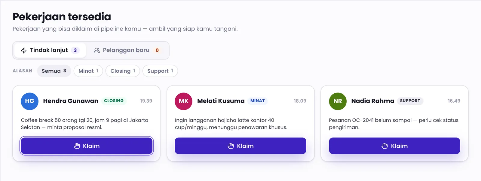 Kartu pekerjaan di Pekerjaan tersedia, masing-masing dengan alasan, ringkasan, dan tombol Klaim