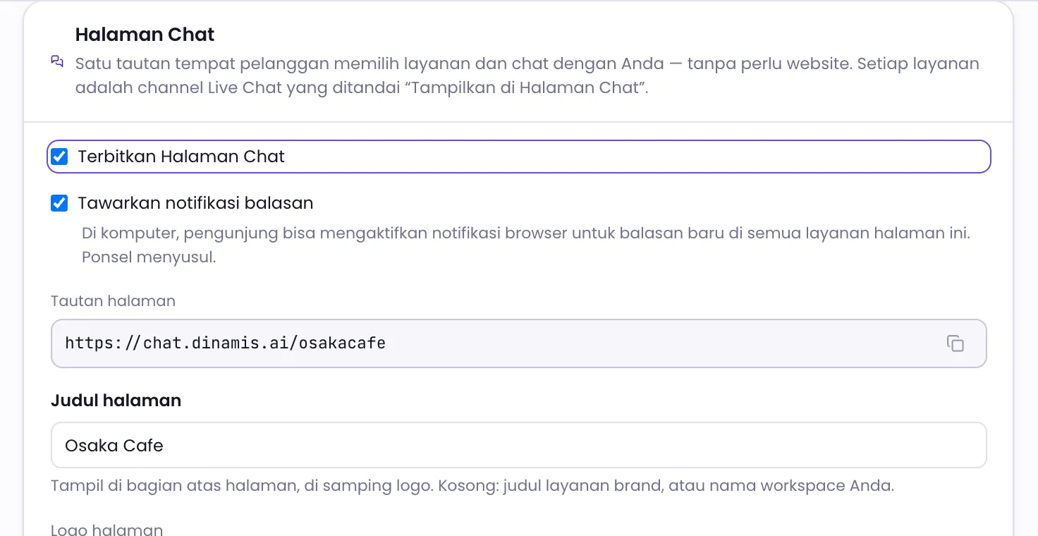 Kartu Halaman Chat di pengaturan workspace dengan pilihan Terbitkan Halaman Chat disorot