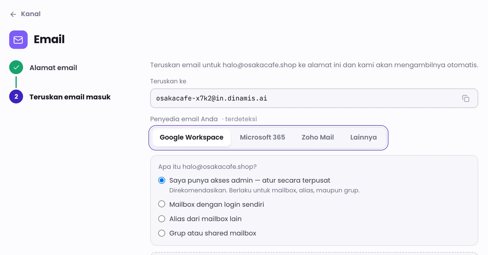 Langkah meneruskan email masuk dengan alamat tujuan dan pilihan penyedia email