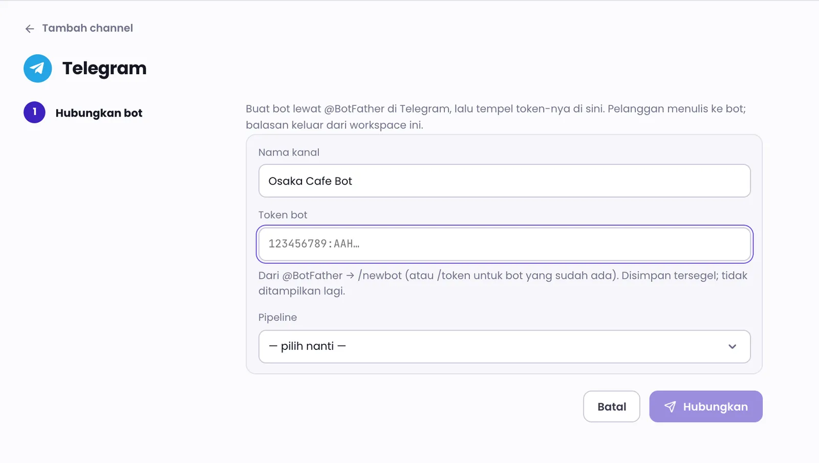 Formulir Telegram dengan nama kanal, token bot disorot, dan pipeline