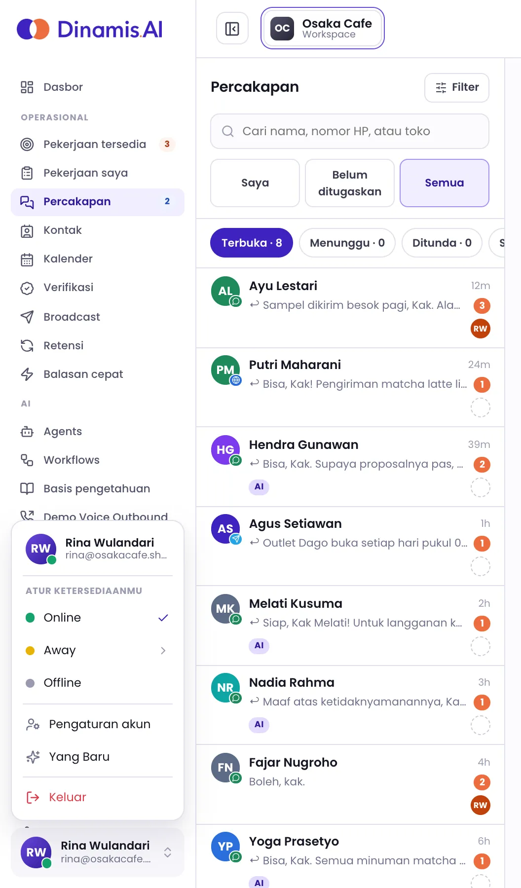Menu samping konsol dengan menu akun terbuka dan pemilih workspace di bagian atas
