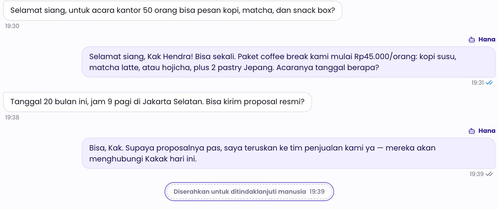 Percakapan berisi balasan AI agent dan baris penyerahan ke tim di bagian bawah