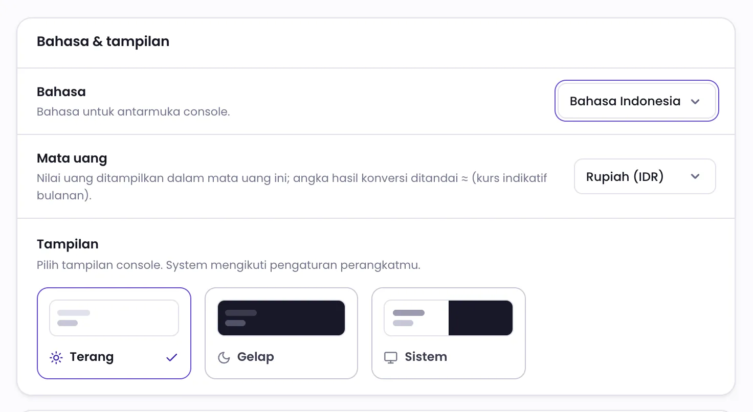 Kartu Bahasa & tampilan di Preferensi, dengan pilihan bahasa disorot
