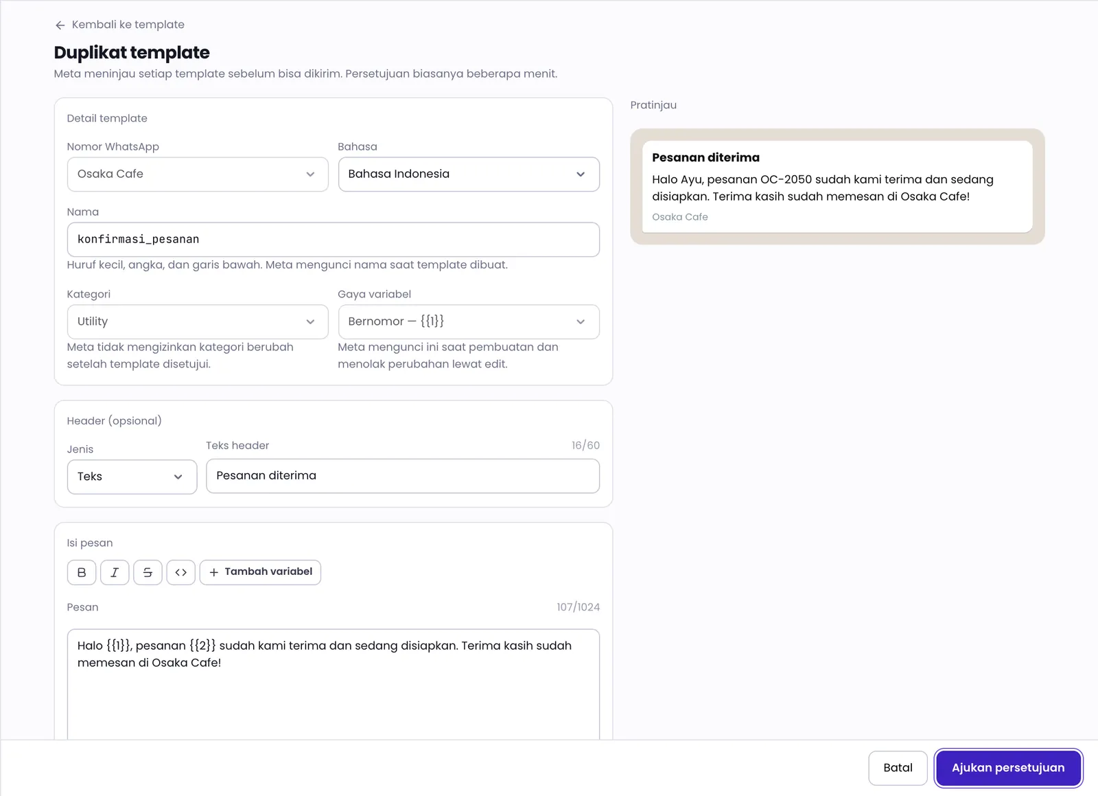Editor template berisi detail template, isi pesan, dan pratinjau, dengan tombol pengajuan disorot